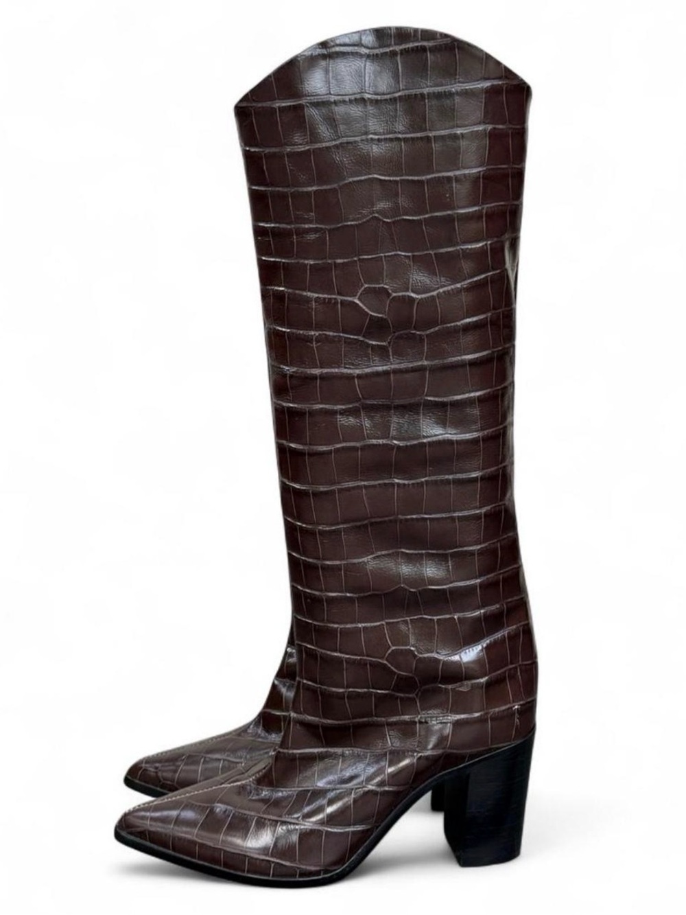 SCHUTZ Dark Brown Croc-Embossed Pointed Knee-High Boots - Picture 2 of 7